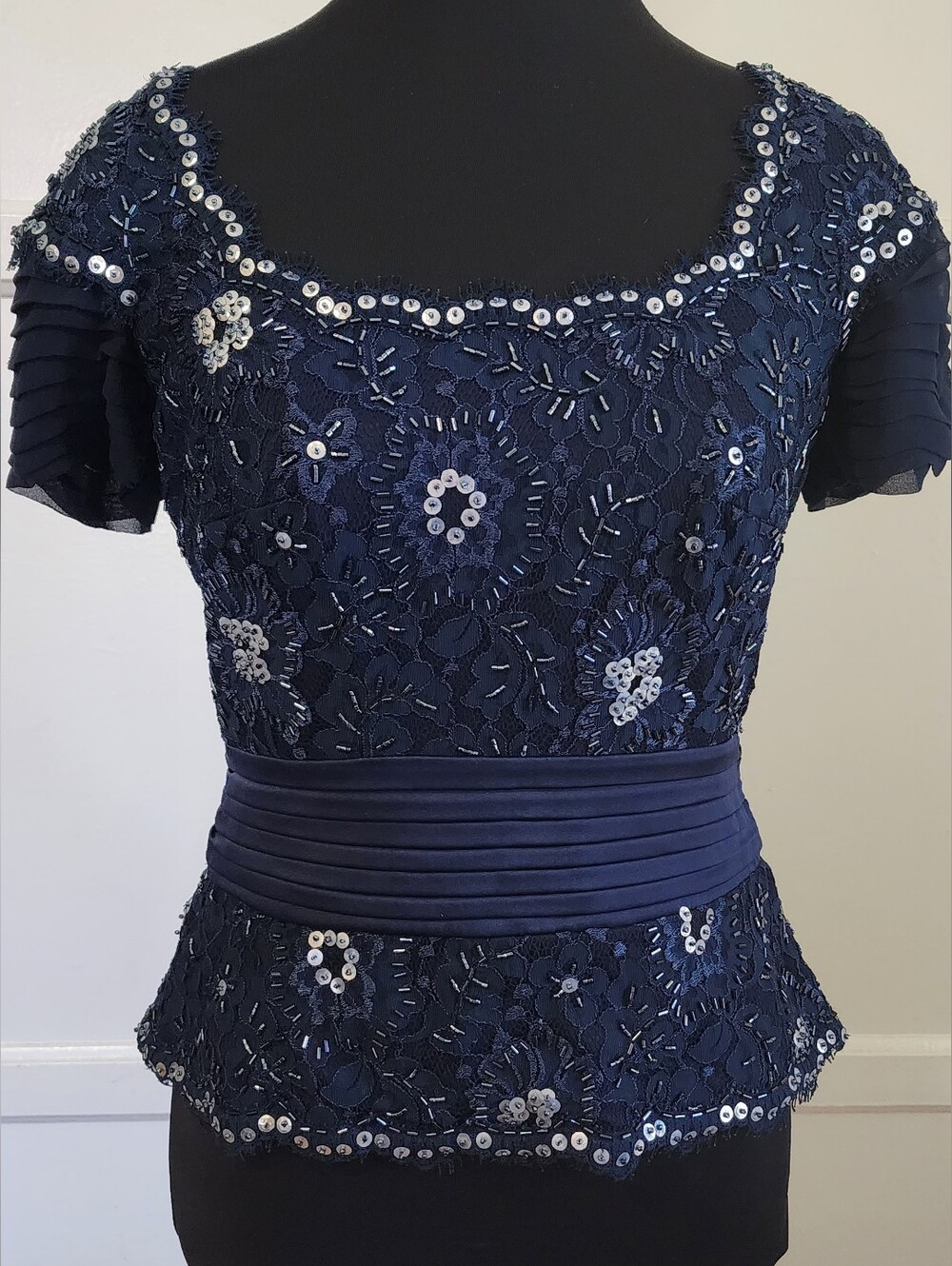 Navy Lace Sequin Peplum Top - Elegant Women's Evening Blouse TADASHI
